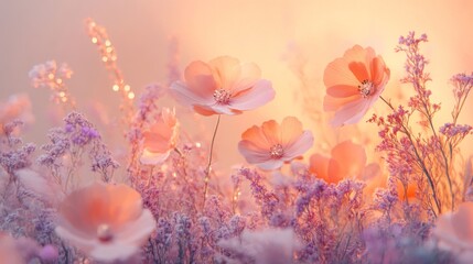 Wall Mural - A beautiful close up of delicate flowers in a field