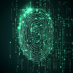Fototapete - Glowing biometric fingerprint scanning technology for secure cyber authentication and digital data protection  Futuristic abstract background with green glowing patterns circuit board designs