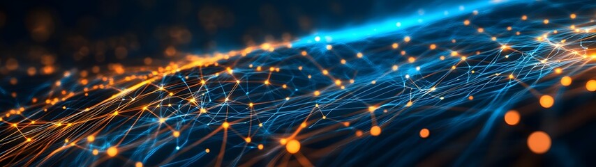 Poster - Glowing Digital Network Connections and Data Visualization in Futuristic Technology Background  Abstract digital of a complex interconnected network representing the global flow of information