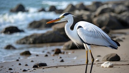 Poster - white heron ardea alba standing on the beach near rocks with waves crashing in the background, showc