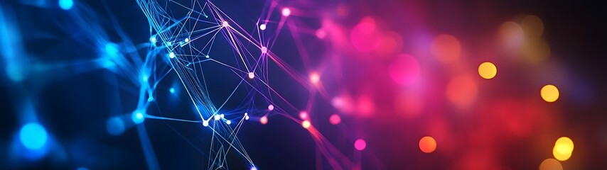 Poster - Glowing Futuristic Digital Network of Geometric Shapes and Colorful Lights  Abstract technology background with swirling data visualization electric energy and a dynamic cyber universe