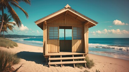 Canvas Print - Secluded wooden hut on a tranquil beach with empty space for text, evoking a sense of peace and escape in a tropical setting.