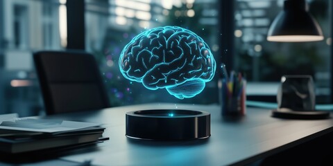 Poster - holographic brain model displayed on modern office desk with creative workspace