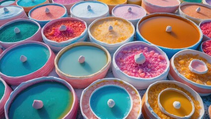 Poster - vibrant aerial view of colorful salt pans arranged in circular basins with empty space for text and 