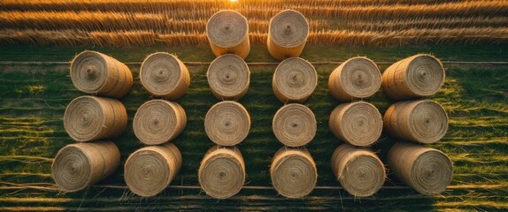 Wall Mural - Aerial View of Harvested Hay Bales at Sunset Over Agricultural Fields Landscape with Stacked Straw Rolls and Vibrant Summer Colors