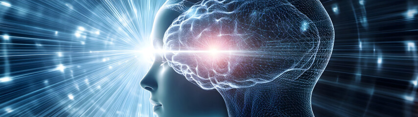 Fototapete - Innovative Brainstorming and Cognitive Processing in a Digital Age  Conceptual image depicting the inner workings of the human mind and its connection to advanced technology knowledge and creativity