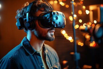 Aufkleber - Virtual reality experience in an immersive gaming setup at night