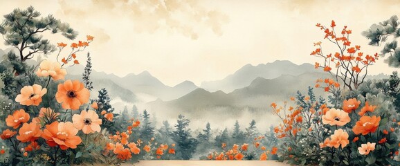 Canvas Print - Dreamy Landscape Painting with Orange Poppies Trees and Rolling Mountains in Muted Watercolor