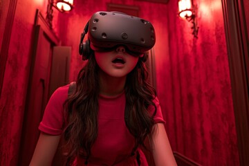 Poster - Virtual reality experience takes place in a vividly decorated red hallway during an immersive adventure