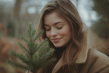 Poster - Young woman smiles while holding a small evergreen tree in a serene outdoor setting during autumn