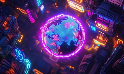 Poster - Futuristic neon cityscape with glowing globe showcasing Asia and vibrant urban lights