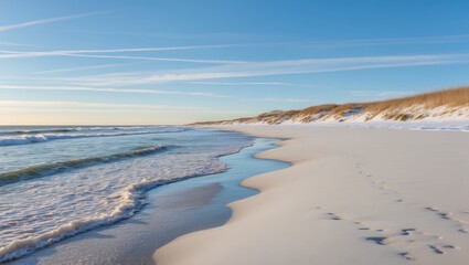 Winter Beach Landscape with Tranquil Waves and Soft Sand Footprints Under a Clear Blue Sky