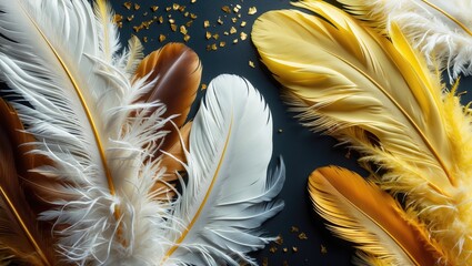 Poster - elegant arrangement of white and brown feathers on dark background with soft yellow texture and gold