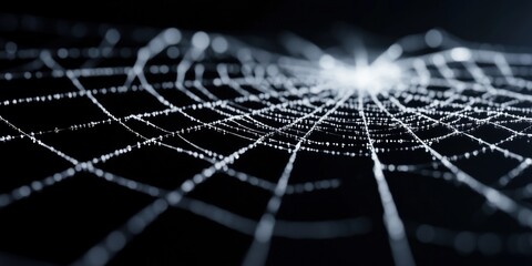 Intricate spider web glistening with dew drops against a dark background
