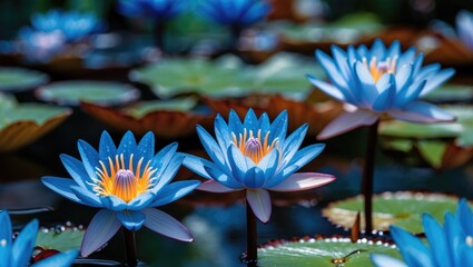 Poster - Vibrant Blue Water Lilies in a Serene Pond Setting with Copy Space for Text and Background Elements