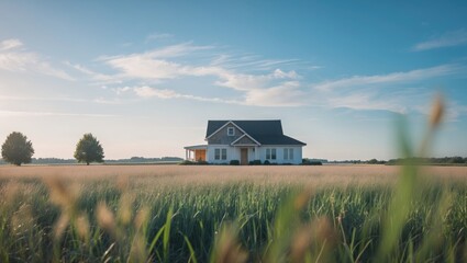 Canvas Print - Serene Country House Surrounded By Lush Green Field Under Clear Blue Sky Perfect For Relaxation And Nature Inspiration