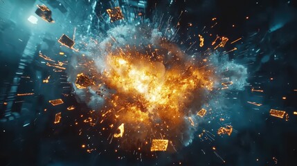 Poster - dramatic explosion with fiery debris and colorful smoke effects
