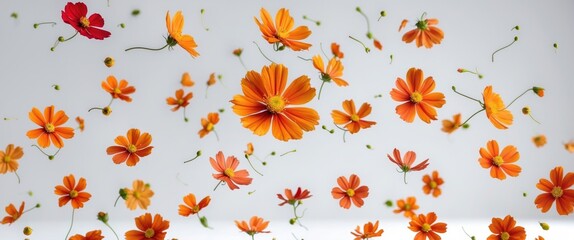 Poster - vibrant orange cosmos flowers elegantly suspended in mid-air against a clean white background, creat