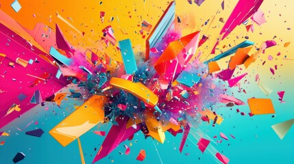 Poster - Colorful Explosion of Geometric Shapes Against Gradient Background