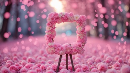 Wall Mural - Charming Pink Floral Bokeh Frame with Soft Focus and Blank Space for Custom Text or Messages