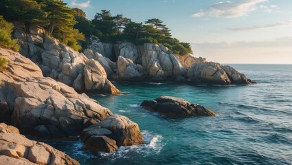 Wall Mural - Tranquil Coastal Landscape with Rocky Shores and Calm Sea Generating Space for Text Overlay