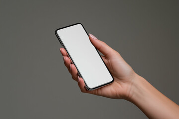 Poster - Smartphone in hand with blank screen held by woman. Hand holding smartphone with white screen. Smartphone held in hand with blank display