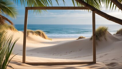 Poster - serene sand dunes framed by palm leaves overlooking calm sea under clear sky with ample space for te