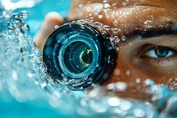 Aufkleber - Close-up of a person's eye peering through a camera lens submerged underwater