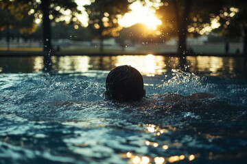Poster - Swimming during sunset in a peaceful outdoor pool surrounded by trees