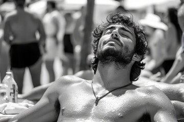 Young man relaxing under the sun at a busy beach during summer with people in the background