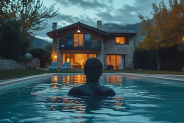 Poster - Evening relaxation in a serene pool surrounded by nature near a cozy house