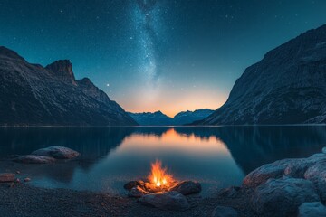 Poster - Campfire by the tranquil lake under a starry night sky in a serene mountain landscape