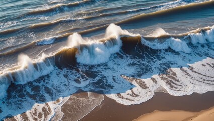Poster - majestic ocean waves crashing on golden sandy shore captured from above during sunrise with soft lig