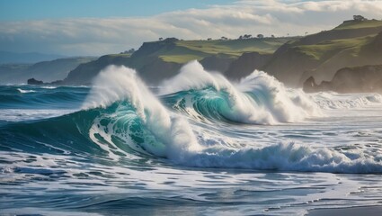 Poster - majestic coastal waves crashing against shoreline under clear sky and lush green hills