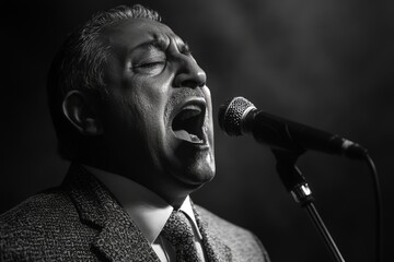 Poster - Emotional male vocalist performing passionately on stage during an evening show