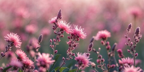 Poster - delicate pink wildflowers in macro overview with soft focus and ample space for text placement ideal