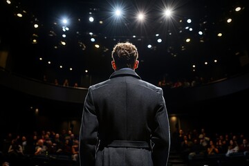 Poster - Model showcases fashion design on stage before captivated audience in an intimate theater setting