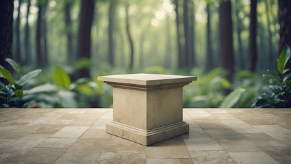 Poster - Beige Stone Podium on Outdoor Garden Floor with Blurred Green Plants Background Ideal for Natural Product Display and Empty Text Space