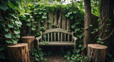 Poster - serene garden bench enclosed by lush vines and tree stumps in a whimsical natural setting