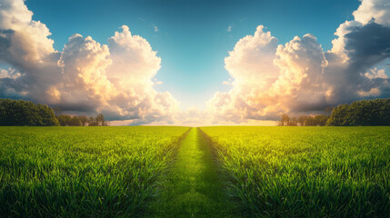Wall Mural - lush green field under vibrant sky with fluffy clouds and sunlight