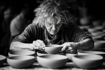 Poster - Crafting clay bowls in a pottery studio during a creative workshop