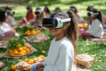 Aufkleber - Children engage in virtual reality experience while enjoying picnic in the park under bright sunlight