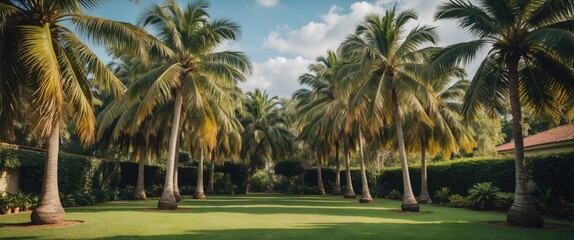 Poster - Lush Garden Oasis with Tall Shady Palm Trees and Expansive Green Lawn Ideal for Relaxation and Blank Space for Text or Branding