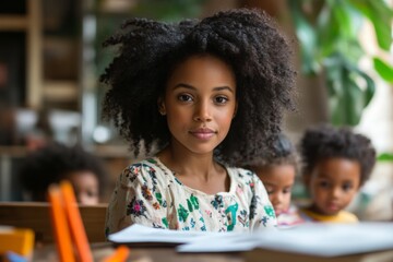 Poster - Young girl with curly hair focused on her work in a colorful classroom surrounded by classmates in a creative environment