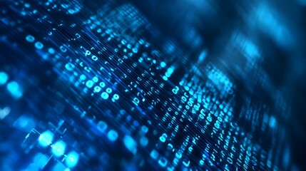 Poster - Mesmerizing Digital Data Network Background in Vibrant Blue Tones  Futuristic abstract tech design with glowing pixels and circuits representing the power of information technology data processing