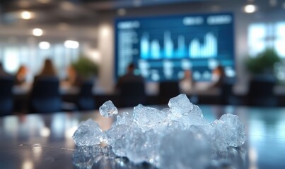Poster - Ice cubes on table in modern conference room with business presentation in background