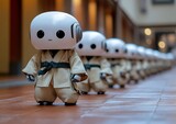 Robots in line, martial arts, indoor hallway, future