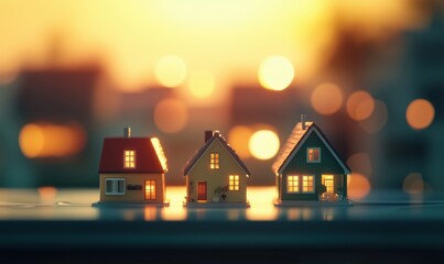 Miniature houses with warm sunset background creating cozy atmosphere