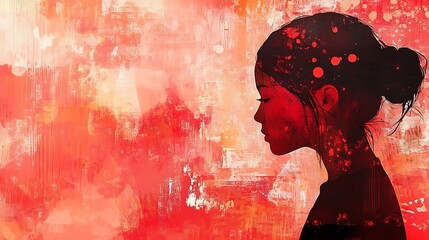 Canvas Print - Red abstract portrait of a young woman in profile.