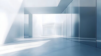 Poster - Minimalist and contemporary architectural design featuring a bright open glass corridor with clean lines geometric shapes and symmetrical perspectives creating a modern airy